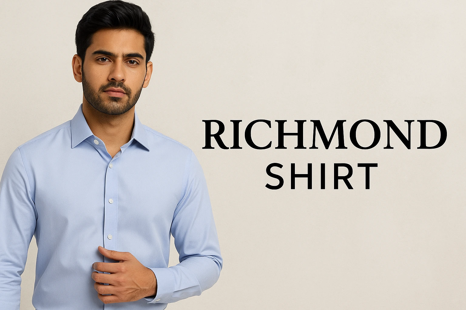 A confident young man wearing a light blue Richmond shirt poses against a soft beige background, with bold black text “RICHMOND SHIRT” displayed beside him — representing the Richmond Shirt brand’s premium wholesale fashion collection.
