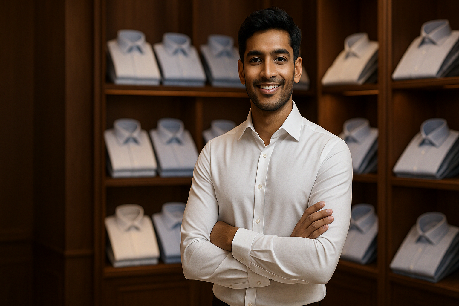 A premium clothing store interior background with elegant wooden shelves